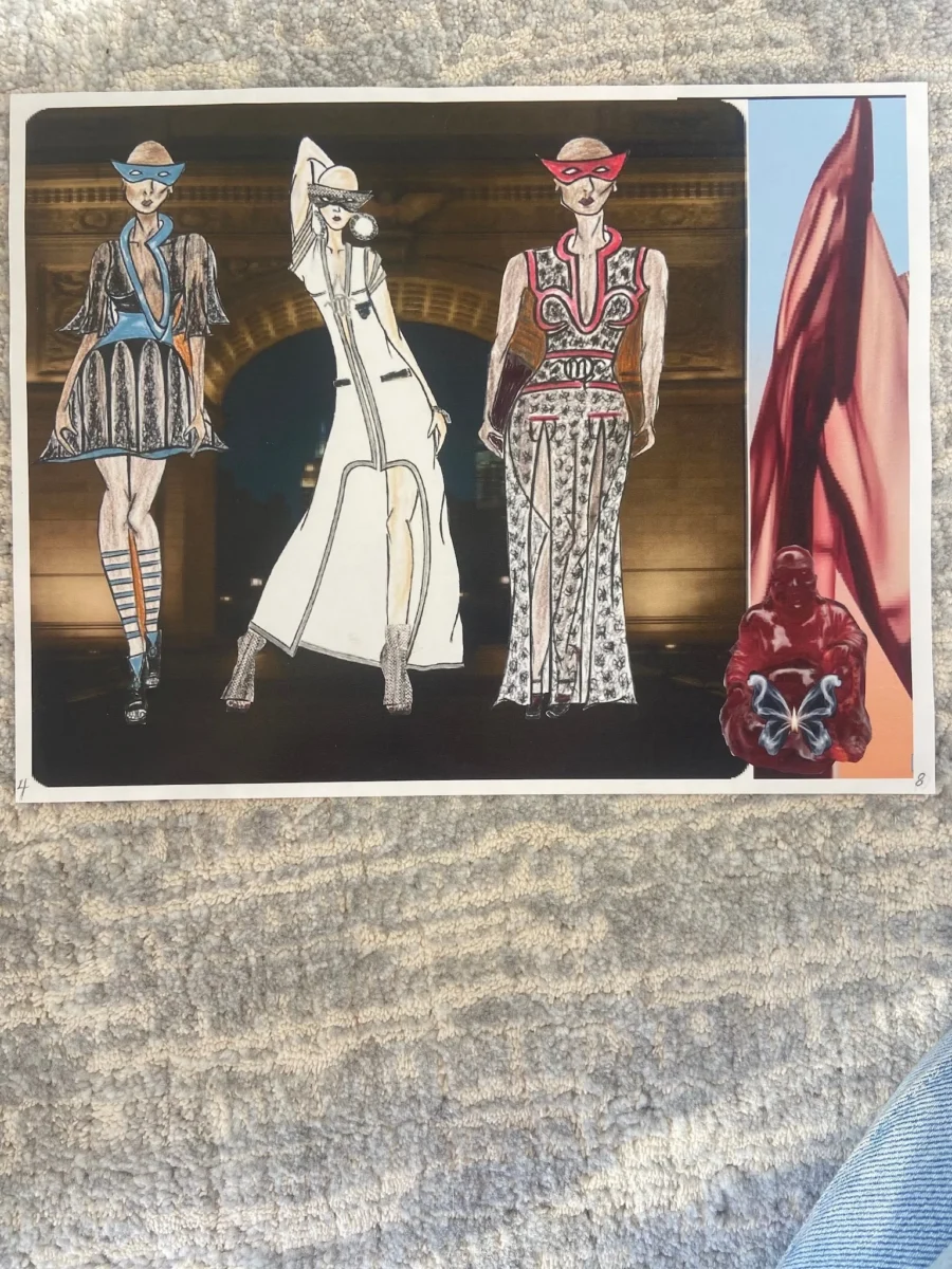 An artwork displaying three masked fashion models in distinctive dresses standing in front of a stone archway at night, accompanied by a collage element on the right featuring red draped fabric and a red statue with a glowing butterfly.