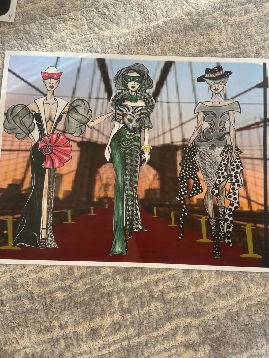 A fashion illustration showing three models in elaborate gowns and masks walking along a red carpet, set against a backdrop of the Brooklyn Bridge during sunset.
