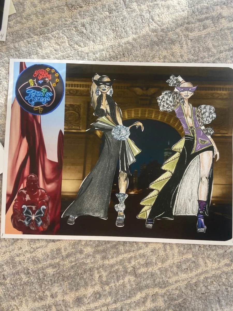 An illustration of two masked fashion models wearing asymmetrical, highly structured dresses in black, silver, and purple, featuring a neon "Paradise Garage" logo at the top left and a red statue with a glowing butterfly at the bottom left.