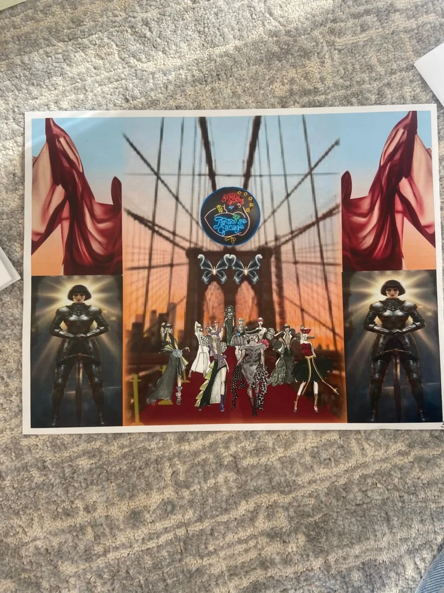 A complex collage centered on a group of masked fashion models walking a red carpet in front of the Brooklyn Bridge, framed by panels showing red draped fabric at the top corners, a "Paradise Garage" logo, a glowing butterfly, and identical armored figures with swords at the bottom corners.