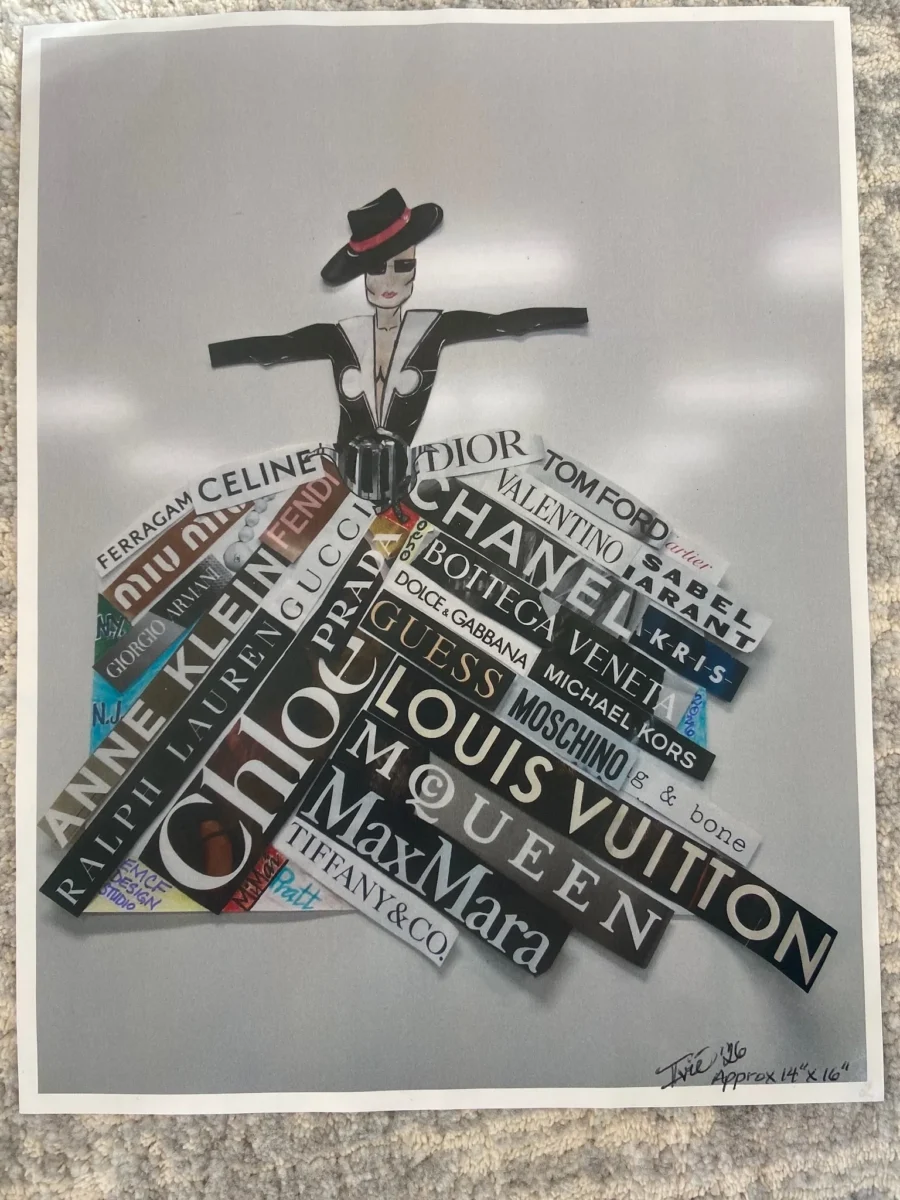 A collage depicting a fashion figure in a black hat, black mask, and a striking black-and-white bodice, whose flared skirt is entirely constructed from overlapping cutout logos of luxury designer brands such as Chanel, Dior, Prada, and Louis Vuitton.