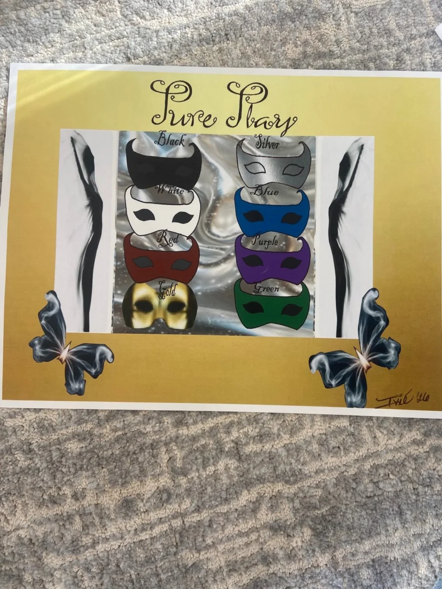 A graphic collage titled "Pure Story" in elegant script, showcasing eight masquerade masks in different colors (Black, White, Red, Gold, Silver, Blue, Purple, Green) arranged in two columns, flanked by abstract black silhouettes and two glowing butterflies on a gold background.