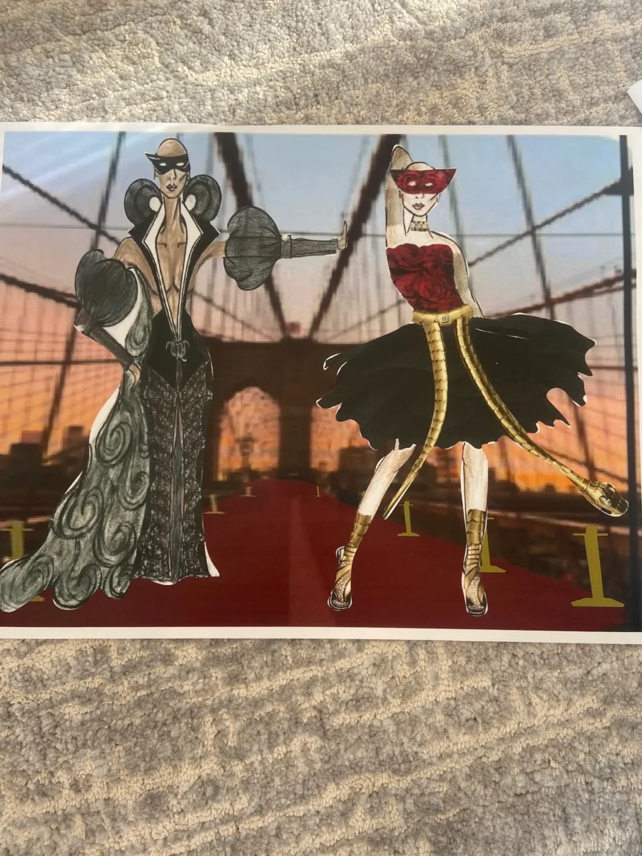A fashion illustration of two masked models wearing dramatic, structured black, white, and red outfits, posed on a red carpet with the Brooklyn Bridge and a sunset skyline in the background.