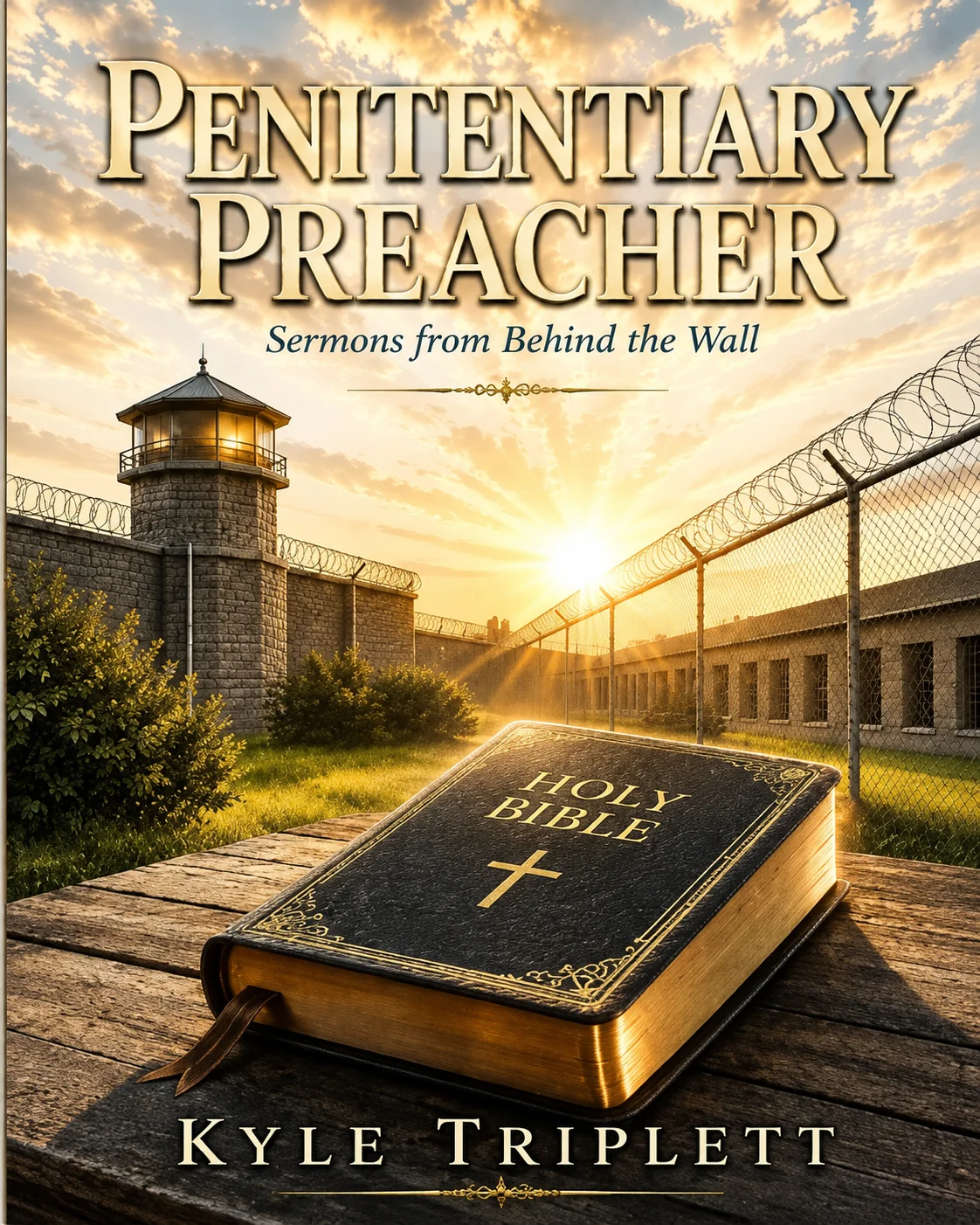 Book cover of Penitentiary Preacher: Sermons from Behind the Wall featuring a black leather Holy Bible on a wooden table in front of a prison yard, with razor-wire fencing, a guard tower, and a golden sunrise in the background. The cover text includes the title and author name Kyle Triplett.