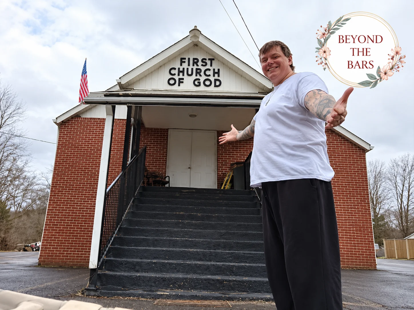 Rob Seidelman, 6 years inside 8 A woman with tattoos on her arms stands in front of the First Church of God, gesturing towards the entrance.