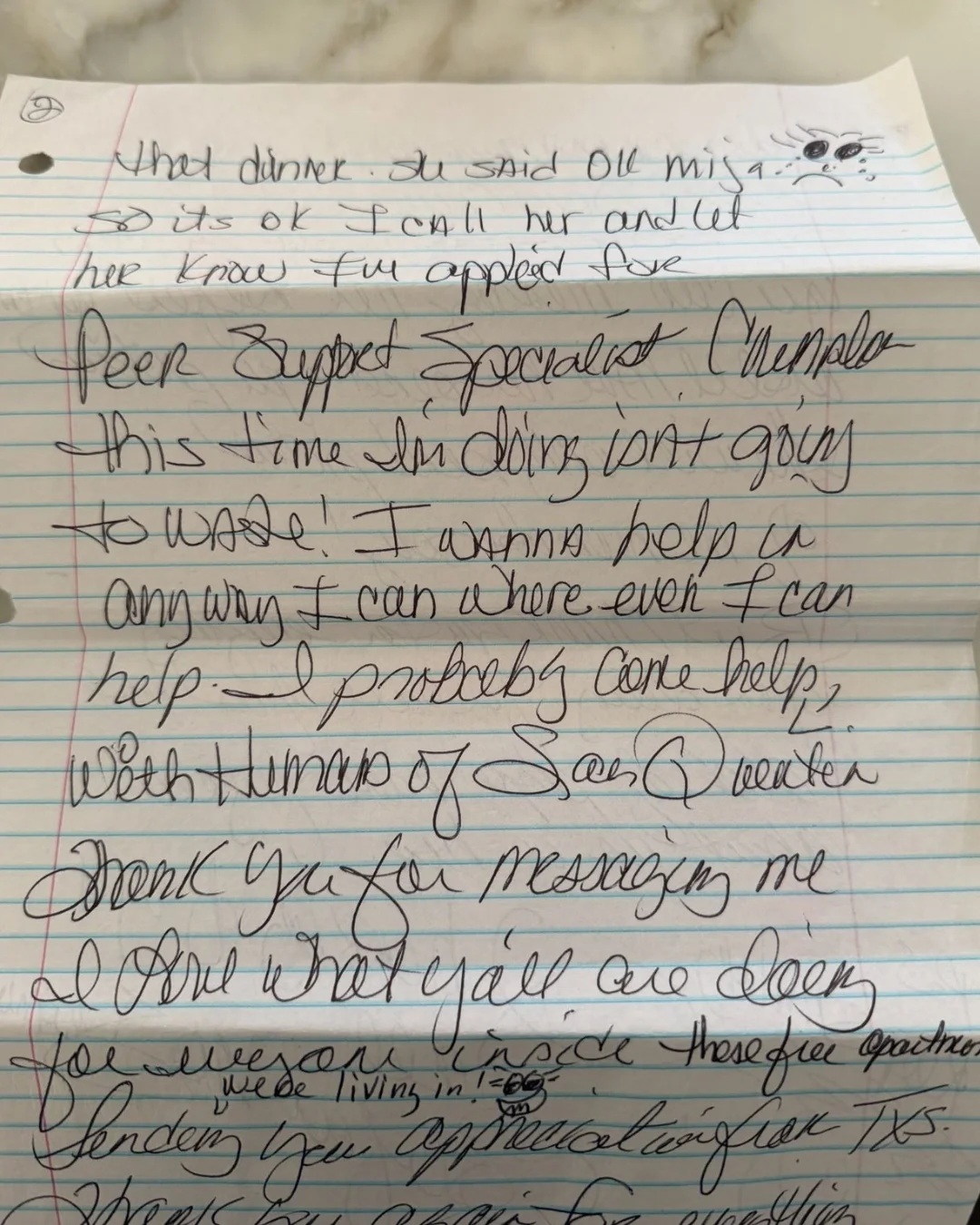 Handwritten letter from Estefana describing her journey of incarceration, personal growth, and desire to help others through peer support.